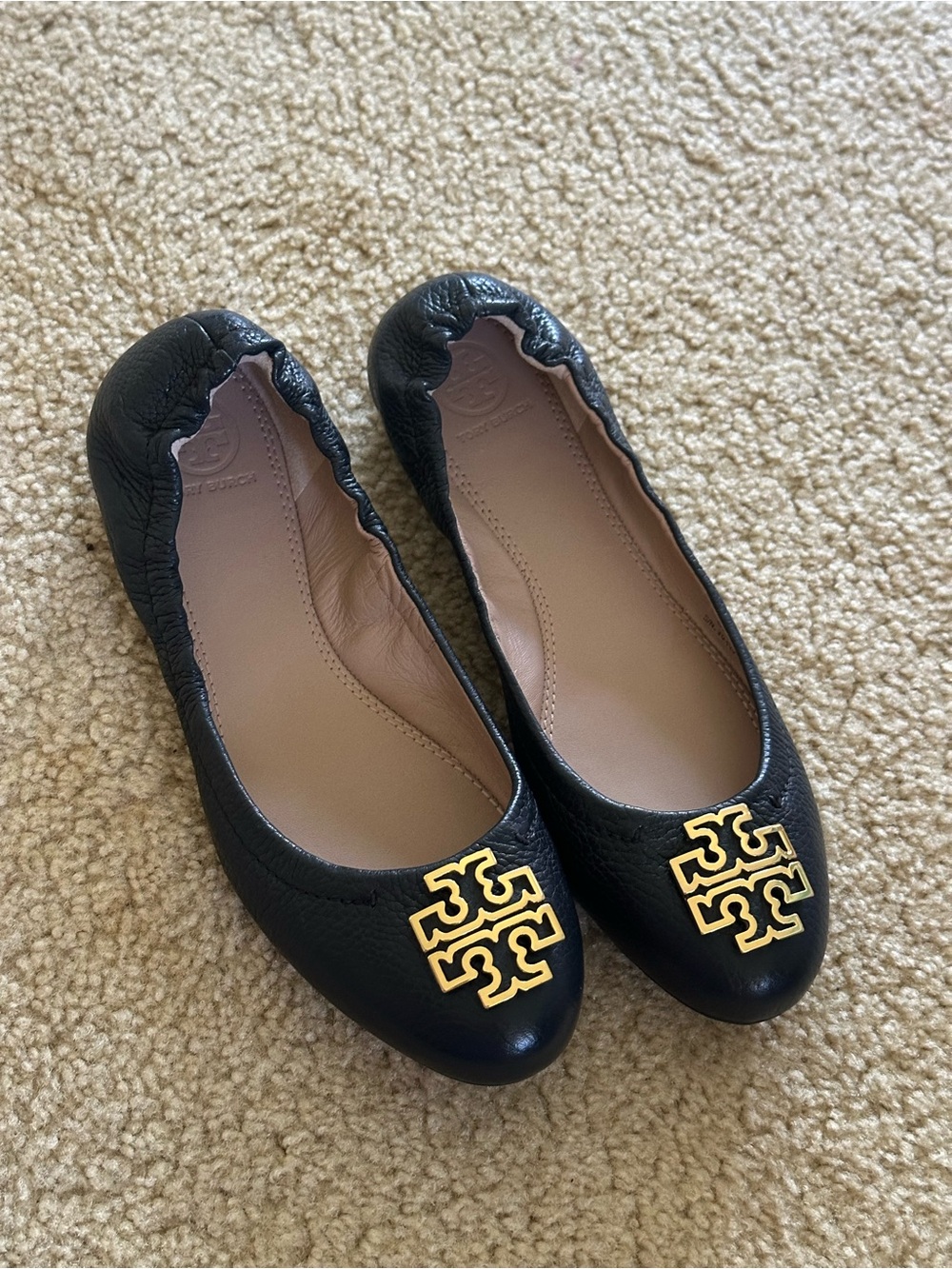 Tory Burch Black Leather Ballet Flats with Gold Logo Medallion - Picture 3 of 6
